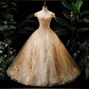 Brand New Gold Quinceanera Party Prom Dress Ball Gown Vintage Lace